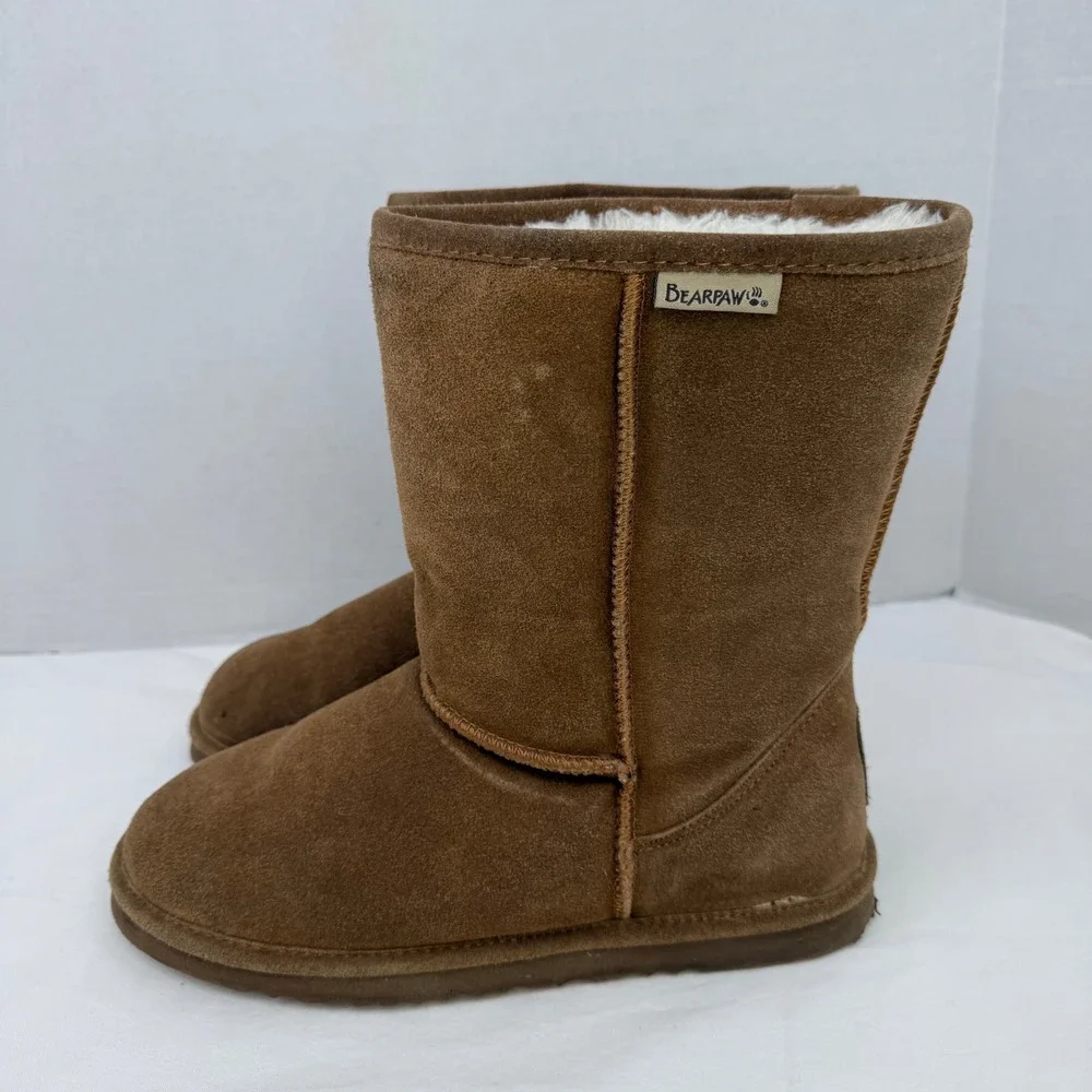 Bearpaw Emma Mid Calf Suede Boots Hickory Brown Sheepskin Lining Womens 10